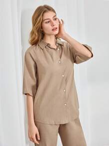 Ocili Leisure Ladies' Solid Color Single-Breasted 3/4 Sleeve Sleepwear Top - Khaki - View 7
