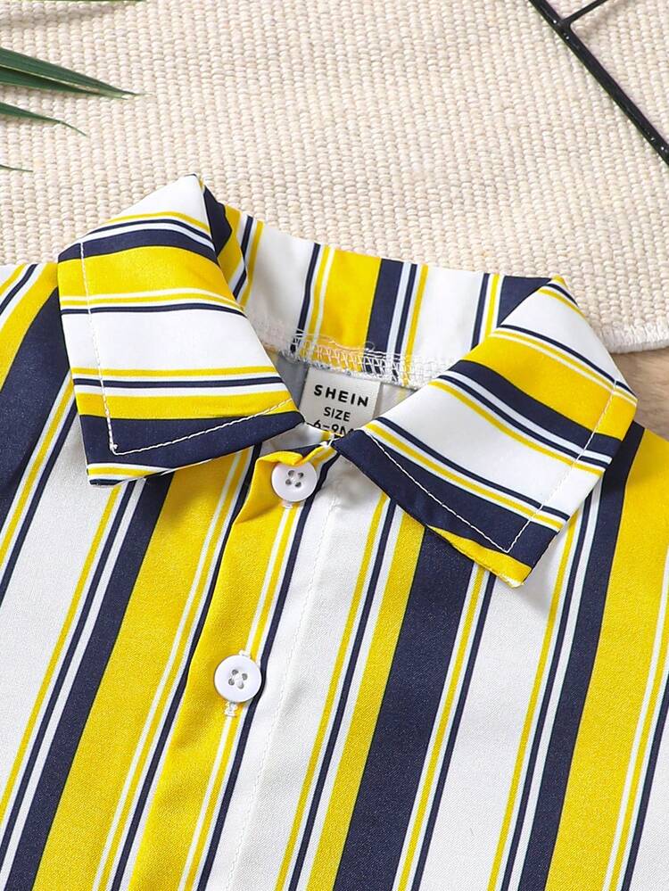 Baby Boy Simple Striped Short Sleeve Shirt And Shorts, Summer