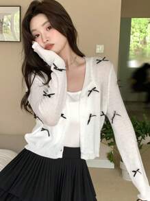 DAZY Ladies Loose Fit Cardigan With Bow Decoration, V-Neck, And Long Sleeves