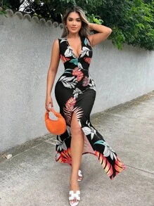 VaVaBold Tropical Print Deep V Neck High Slit Women's Summer Sexy Vacation Long Dress - Multicolor - View 6