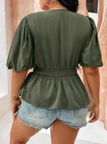 Flirla Plus Size Women Fashion V-Neck Gathered Waist Bubble Sleeve Versatile Shirt - Army Green - View 2