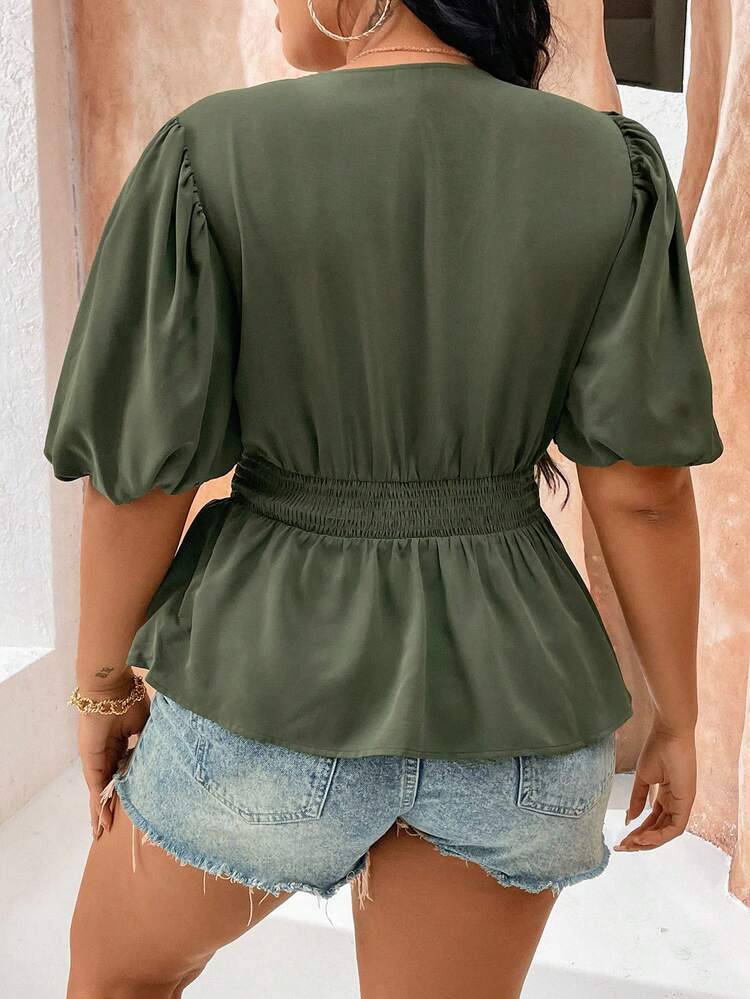 Plus Size Women Fashion V-Neck Gathered Waist Bubble Sleeve Versatile Shirt