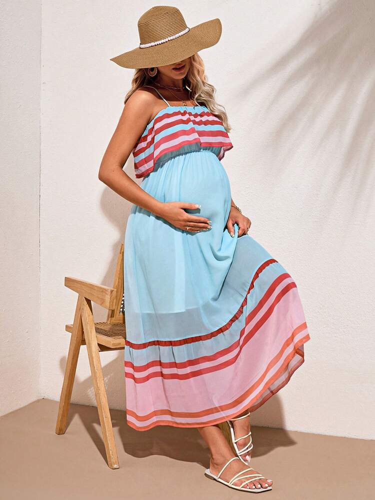 Maternity Island Vacation Adjustable Striped Spaghetti Strap High Waist Dress