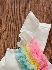 SHEIN Cute Baby Girl Colorful Rainbow Pattern Mesh Loose Short Sleeve Dress For Summer - Multicolor - View 3