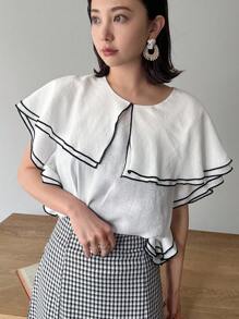 FRIFUL 女士春夏休闲撞色拼色衬衫，荷叶边