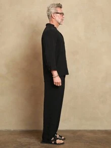Manfinity Homme 男士夏季纯色长袖休闲日常通勤衬衫和裤子套装，复古，亚麻，我爱我的丈夫，朋友，狂欢装，朴素，工作，秋季服装 - 黑色 - 查看 3