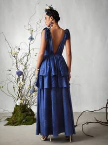 Caterine Sanchez Frida Kahlo X SHEIN X Designer 自然天堂丝带礼服裙配深色调蓝色丝带，夏季优雅连衣裙，节日 - 藍色 - 查看 2