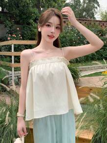 DAZY 女士纯色夏季荷叶边度假吊带背心娃娃装上衣 - 米色 - 查看 6