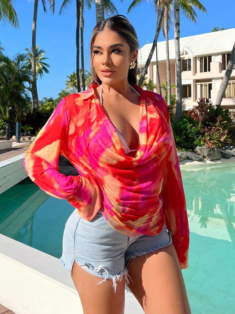 Summer Tie-Dyeing See-Through Loose Shirt With Flouncing Collar