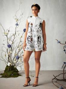 Frida Kahlo X SHEIN X Designer KATHARSIS Vestito a camicia con stampa di persone e fiori in stile boho bohémien oversize e a-line, casual e da vacanza, elegante estivo, adatto per festa, Ringraziamento, vacanze, festival