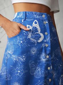 VERO DIAZ Frida Kahlo X SHEIN X Designer Women Butterfly Print Single Breasted Straight Skirt, For Summer, Holiday, Party, Thanksgiving, Festival - Multicolor - View 3