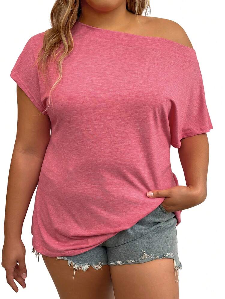 Plus Size Women Solid Color Asymmetrical Collar Batwing Short Sleeve Casual T-Shirt For Summer