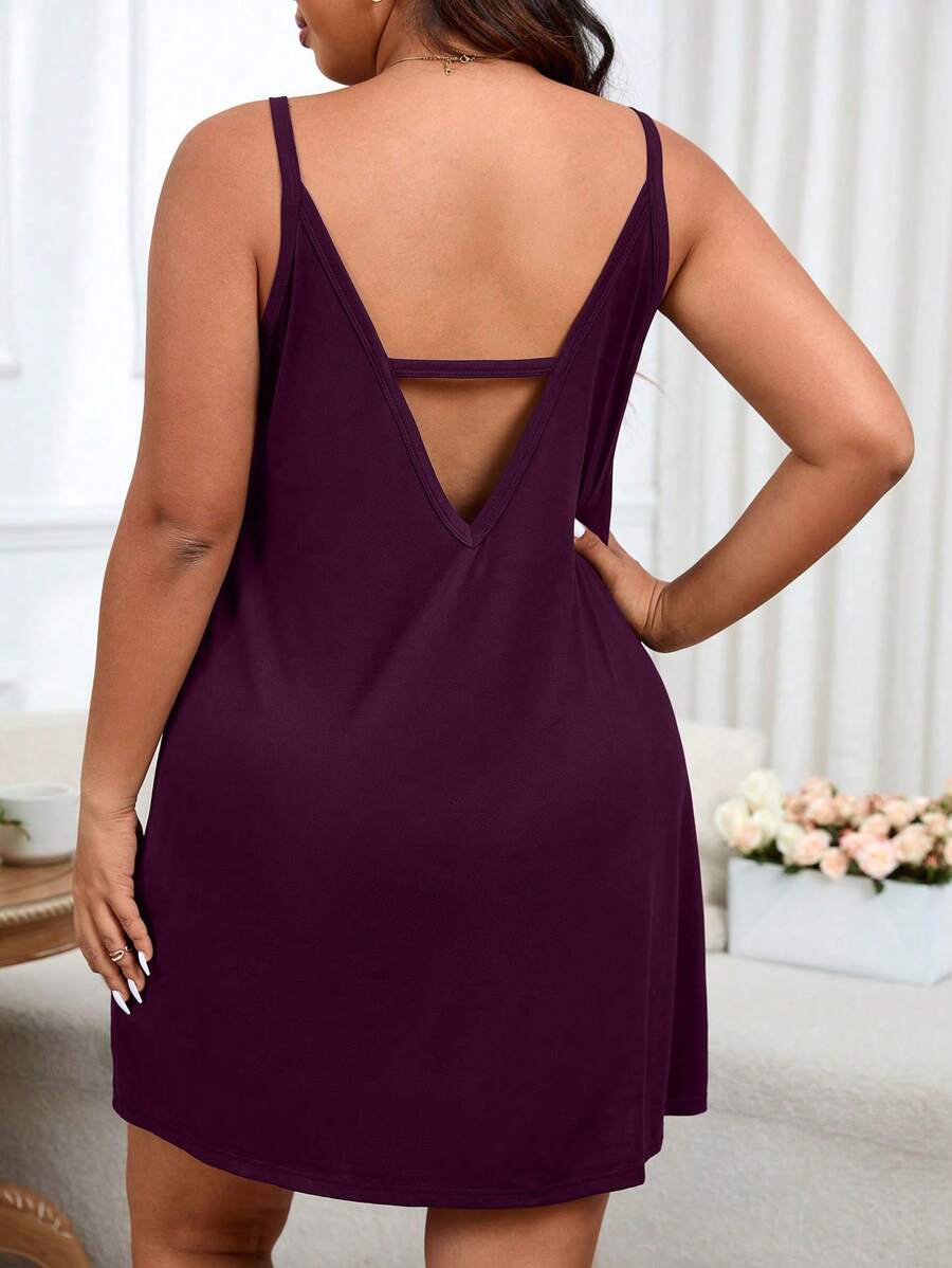 Casual Plus Size V-Neck Solid Color Vacation Pajama Dress With Backless Strap - Red Violet - View 1