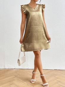 SHEIN Clasi Women V-Neck Cap Sleeve Casual Spring And Summer Dress For New Year Holiday Party Clothes - Gold - View 6