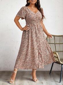 SHEIN Frenchy Plus Size Summer Floral Print A-Line Dress With Waist Tie And Ruffle Sleeves - Multicolor - View 5