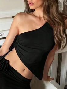 SHEIN ICON Top Asimétrico De Verano En Color Sólido Con Cordón Lateral Para Mujeres - Negro - Ver 1
