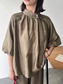 FRIFUL Women Solid Color Raglan Sleeve Stand Collar Loose Blouse For Spring/Summer Linen Long Sleeve - Khaki - View 6