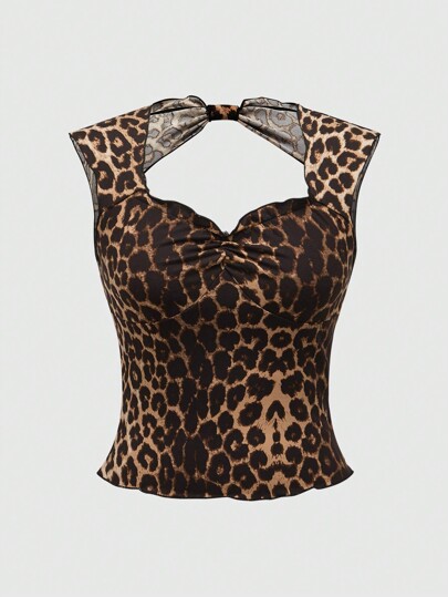 J-Fashion Women Summer Slim Fit Sweetheart Neck Leopard Print T-Shirt With Pleats