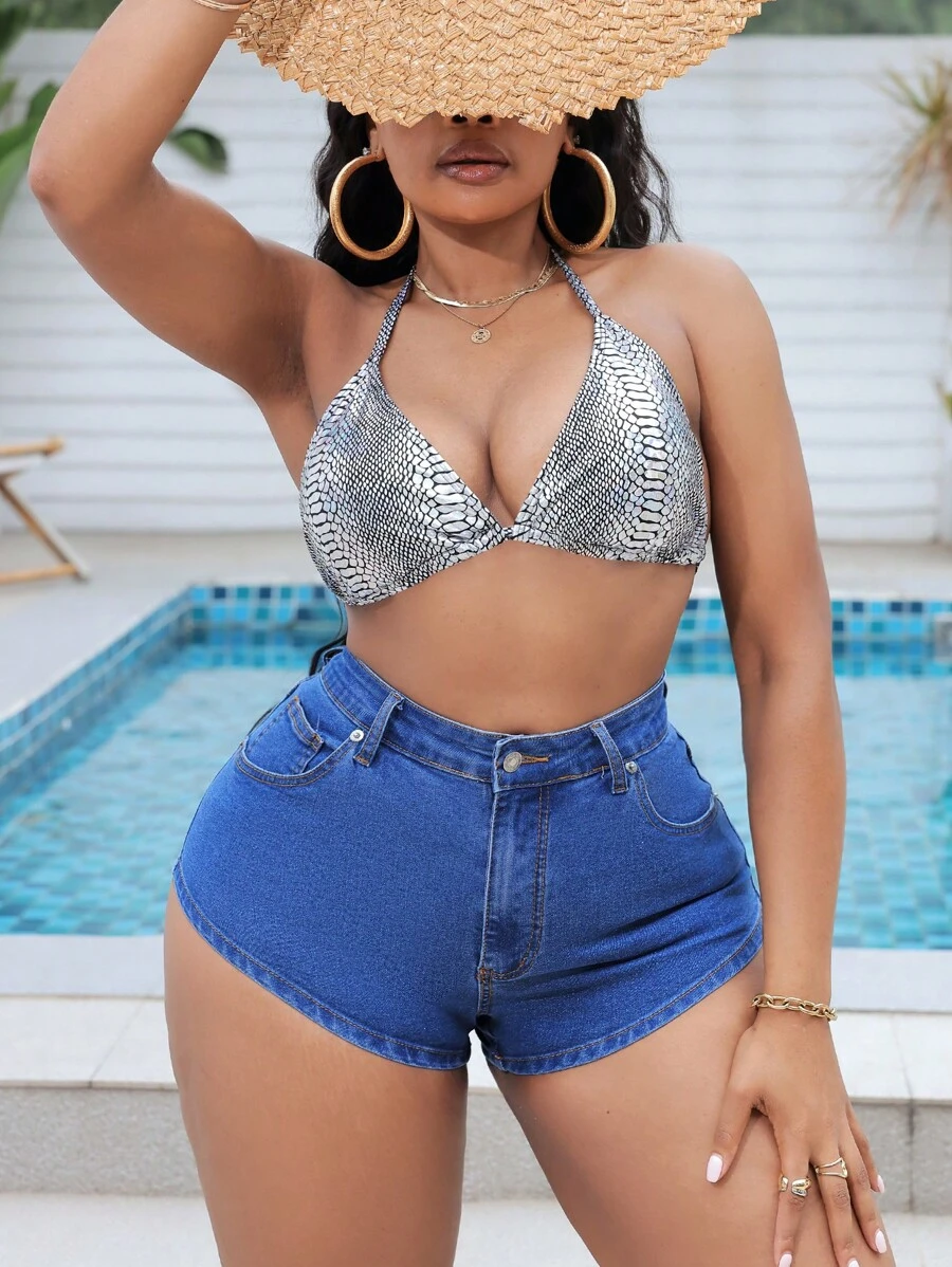 SHEIN SXY Plus Size Women Tight Fitting Denim Shorts Hot Pants - Dark Wash - View 1