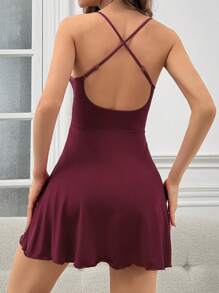 Women Solid Color Lace Patchwork Backless Halter Neck Nightgown With Ruffle Hem Robe Sleepwear Set Pajama Set