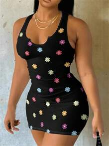 Slaydiva Plus Size Women Sexy Casual Sleeveless V-Neck Floral Printed Dress, Summer