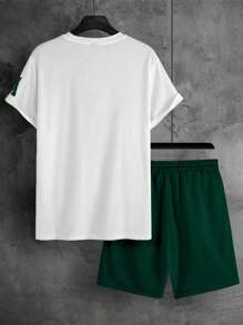 Manfinity Homme Men Simple Letter Graphic Round Neck Short Sleeve T-Shirt And Shorts Two Pieces Set, Going Out, Husband - Multicolor - View 2