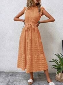 SHEIN LUNE Women Summer Solid Color Stand Collar Cap Sleeve Dress With Flounce Hem - Coral Orange - View 4