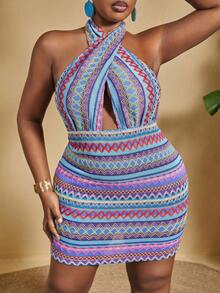 Slaydiva Plus Size Holiday Fashion Knitted Striped Backless Bodycon Halter Dress - Blue - View 6