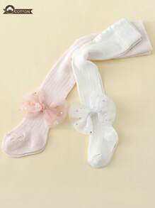 2pcs Toddler Girls' Mesh Bows Basic Pantyhose Suitable For Daily Wear All Year Round - Multicolor - View 4