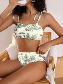 Swim Vcay Bộ bikini hai mảnh in hình cây nhiệt đới gợi cảm cho mùa hè dành cho nữ khi đi nghỉ - Đen và trắng - Xem 4