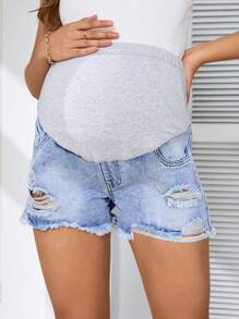 SHEIN Maternity Simple Daily Hollow Out Denim Shorts - Light Wash - View 3