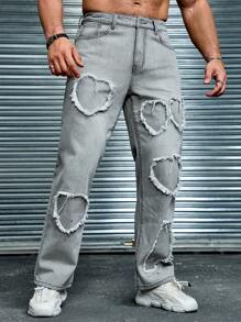 Manfinity LEGND Men Street-Style Light Grey Denim Jeans With Heart Print And Frayed Hem - Light Grey - View 4