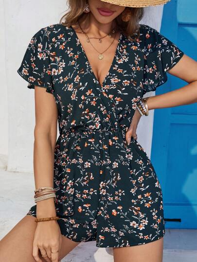 SHEIN VCAY 女式花卉印花短袖V領連體褲，度假風格