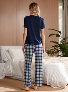 Women Letter Print Short Sleeve Top & Heart Plaid Long Pants Pajama Set For Spring/Summer - Multicolor - View 2