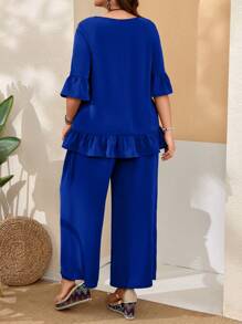 EMERY ROSE Plus Size Women'S Solid Ruffle Striped Trim Top & Wide Leg Pants Green Two Pieces For Spring - Royal Blue - View 2