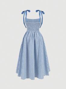 SHEIN MOD Plus Size Women Summer Elegant Grid Shoulder Tie Cami Dress,Corset Dress For Women - Blue - View 2