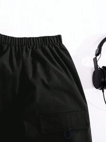 青少年男孩休閒迷彩補丁口袋束腳褲，寬鬆織紋錐形汗褲 - 黑色 - 查看 3