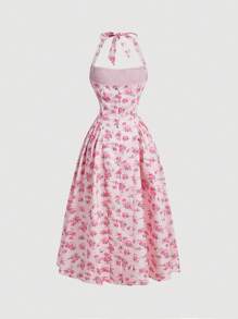 SHEIN MOD Đầm cổ yếm in họa tiết màu hồng lãng mạn cho nữ - Hồng - Xem 2