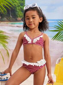 Set bikini alla moda con stampa a quadretti per giovani ragazze, con balze e pantaloncini separati, costume da bagno carino stampato per bambini per l estate e la spiaggia