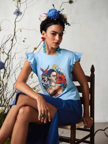 Frida Kahlo X SHEIN Plant & Portrait Print Ruffle Trim Vacation T-Shirt, Summer - Blå - Visa 4