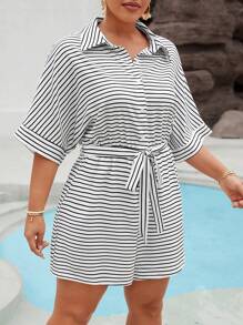 SHEIN LUNE 女士加大尺碼時尚條紋寬鬆連身褲，帶有彈性腰帶 - 白色 - 查看 4