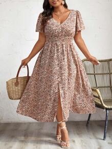 SHEIN Frenchy Plus Size Summer Floral Print A-Line Dress With Waist Tie And Ruffle Sleeves - Multicolor - View 4