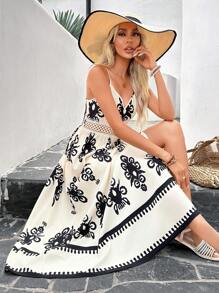 SHEIN VCAY Vacation Inspired Lace Patchwork Bodycon Dress With Waist Tie For Women - Khaki - View 5