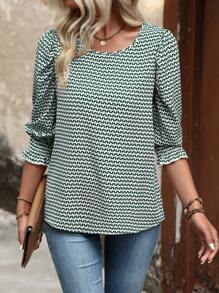 EMERY ROSE Printed Round Neck Casual Shirt,Three Quarter Sleeve Tops - Green - View 4