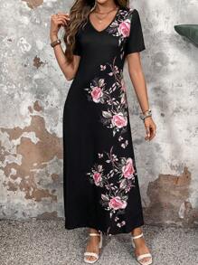 EMERY ROSE Women V-Neck Short Sleeve Long Elegant Summer Floral Dress For Vacation - Multicolor - View 3