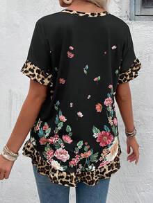 EMERY ROSE Women's Summer Positioning Floral Print Patchwork Leopard Round Neck Short-Sleeve T-Shirt - Multicolor - View 2