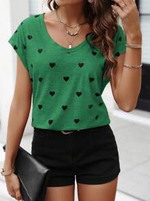 SHEIN LUNE Women Summer Heart Printed V-Neck Short Sleeve Casual T-Shirt - Dark Green - View 6