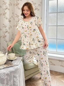 Ladies' Floral Print Short Sleeve Top And Long Pants Pajama Set With Lace Trim