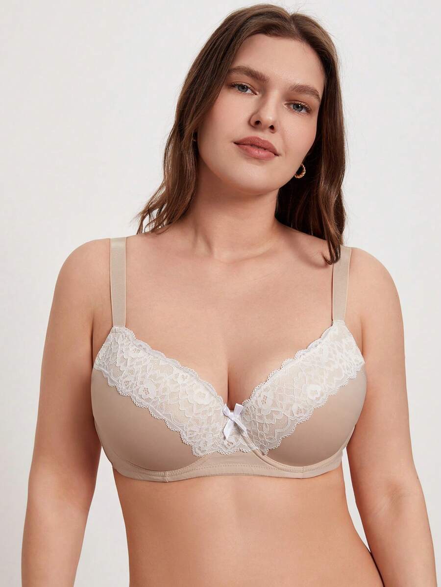 Plus Contrast Lace Underwire Bra - Beige - View 1