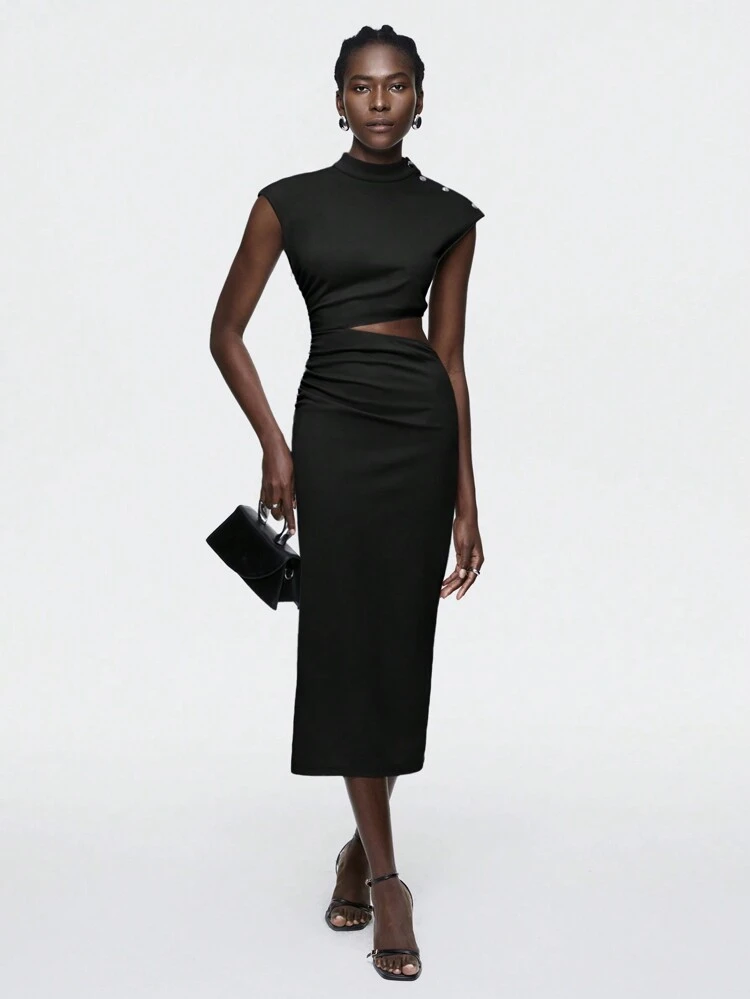SHEIN Maija レディースサマー ノースリーブ スタンドカラー ボタン装飾ウエストカットアウト シャーリング スリム エレガントドレス